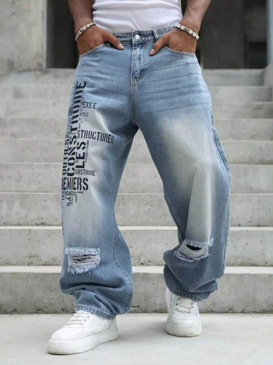 GALLERY FADE Men's Light Wash Wide Leg Jeans, Street Style Letter Print Distressed Long Pants, Casual Wide Leg Ripped Jeans - Blue - View 1