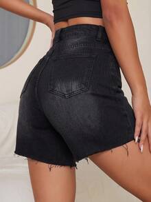 SHEIN EZwear 女款休閒牛仔短褲，附口袋，磨損破舊與毛邊下擺設計 - 黑色 - View 2