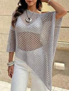 SHEIN Franclia 女款素色鏤空設計不對稱下擺針織衫 - 淺灰色 - 查看 3