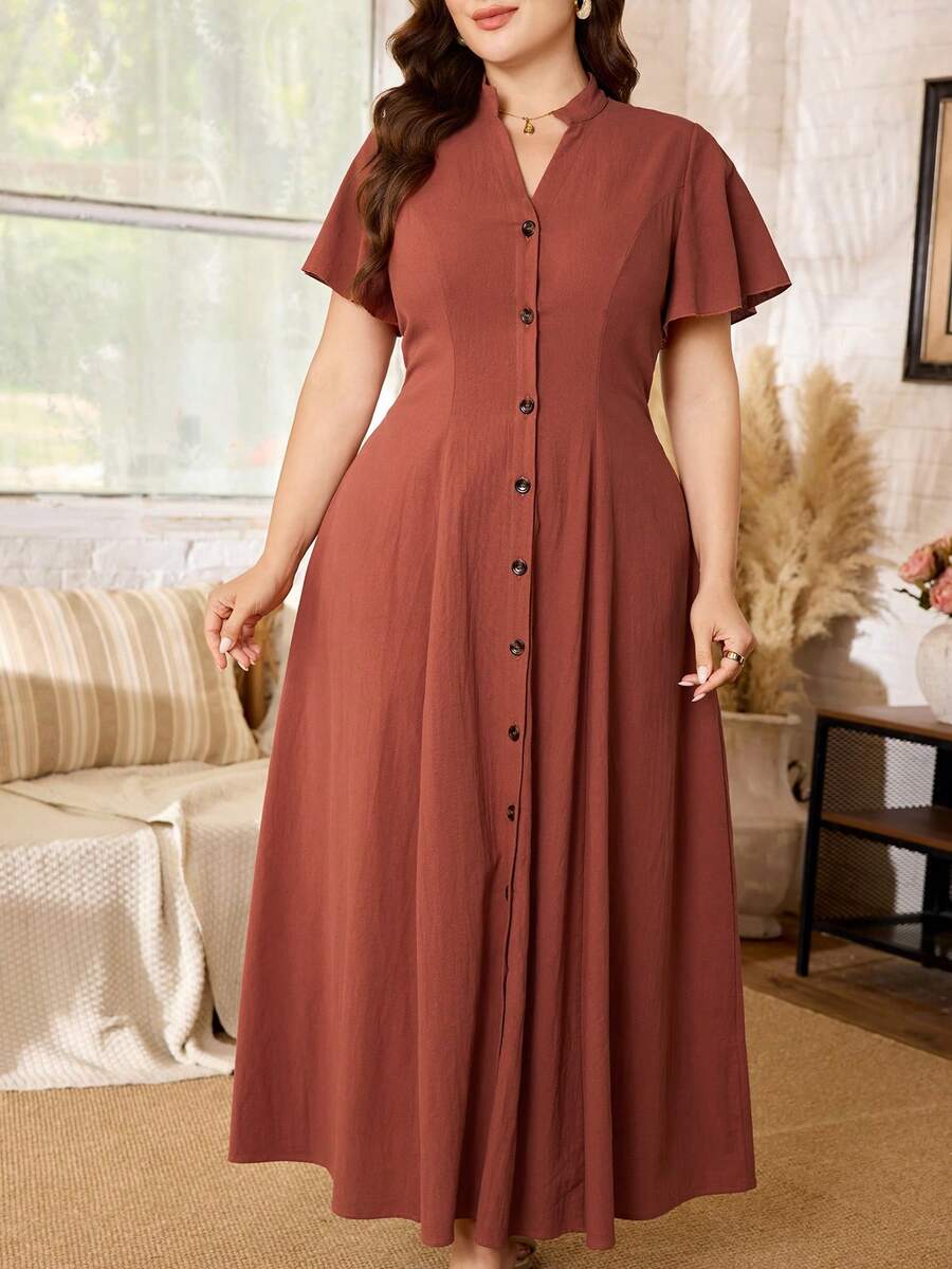 Lacomfia Plus Size Women's Solid Color Short Sleeve V-Neck Button Front Pleated Dress - Redwood - View 1