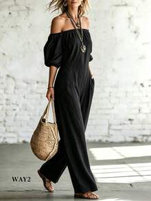 SHEIN Fiorisel Women's Solid Color Casual Loose Off-Shoulder Jumpsuit - Black - View 5