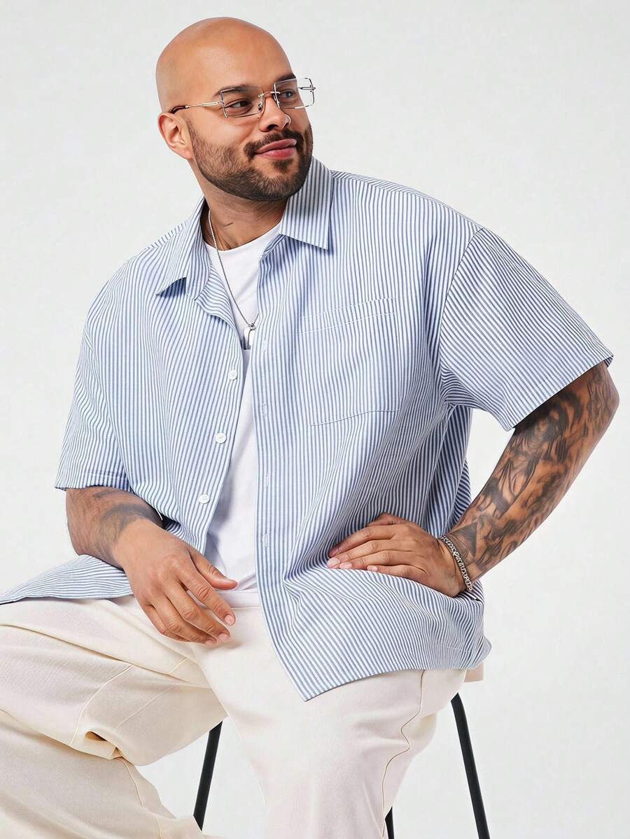 EASEVO Men's Plus Size Summer Casual Striped Shirt - Blue - View 1
