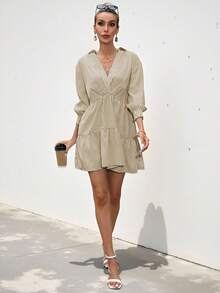 Frievida Striped Print Ruffle Hem Smock Dress Dresses For Women Elegant  - Mustard Yellow - View 8