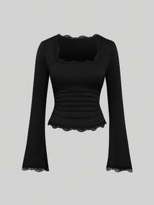 Sweetra Fashion Square Neck Contrast Lace Flared Long Sleeve Elastic Knit Top T-Shirt Fall - Multicolor - View 11