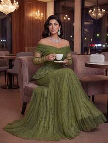 SHEIN Lady CURVE Plus Size Olive Green Winter Elegant Formal Evening Formal Sequin Lace Sheer Off-Shoulder See-Through Sleeve Fishtail Hem Mesh Wedding Gala Party - Army Green - View 5