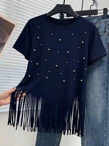 GlowEve CURVE Plus Size Versatile Casual Heavy Beaded Tassel Short Sleeve T-Shirt - Navy Blue - View 1