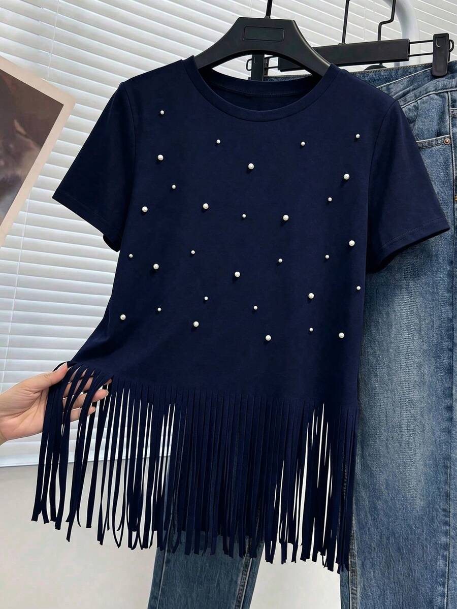 GlowEve CURVE Plus Size Versatile Casual Heavy Beaded Tassel Short Sleeve T-Shirt - Navy Blue - View 1