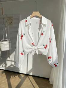 SHEIN Tween Girl White Collar Drop-Shoulder Cherry Pattern Sleeve Shirt, College Style Design, Versatile, Suitable For School Daily Wear, Spring And Summer - White - View 4