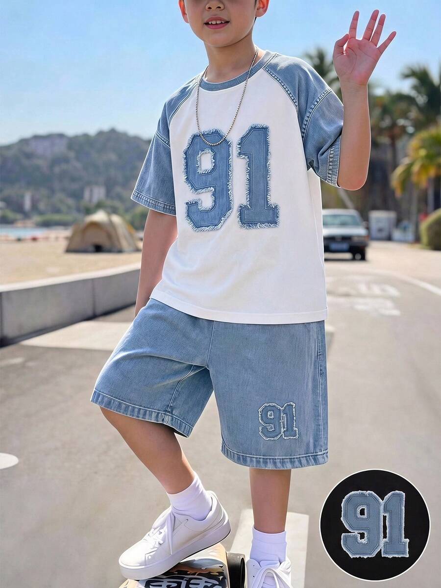 2件組青少年男孩時尚百搭舒適套裝,酷炫英文字母印花設計,街頭風針織套裝,適合假期派對,春夏秋三季,輕鬆舒適,年輕男士夏季首選,時尚休閒穿搭,春夏秋街頭穿搭,休閒開學穿搭 - 彩色 - 查看 1