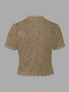 EMERY ROSE Ladies' Summer Solid Color Lace Patchwork Casual Open Front Jacket For Holiday Party Clothes - Mocha Brown - View 2