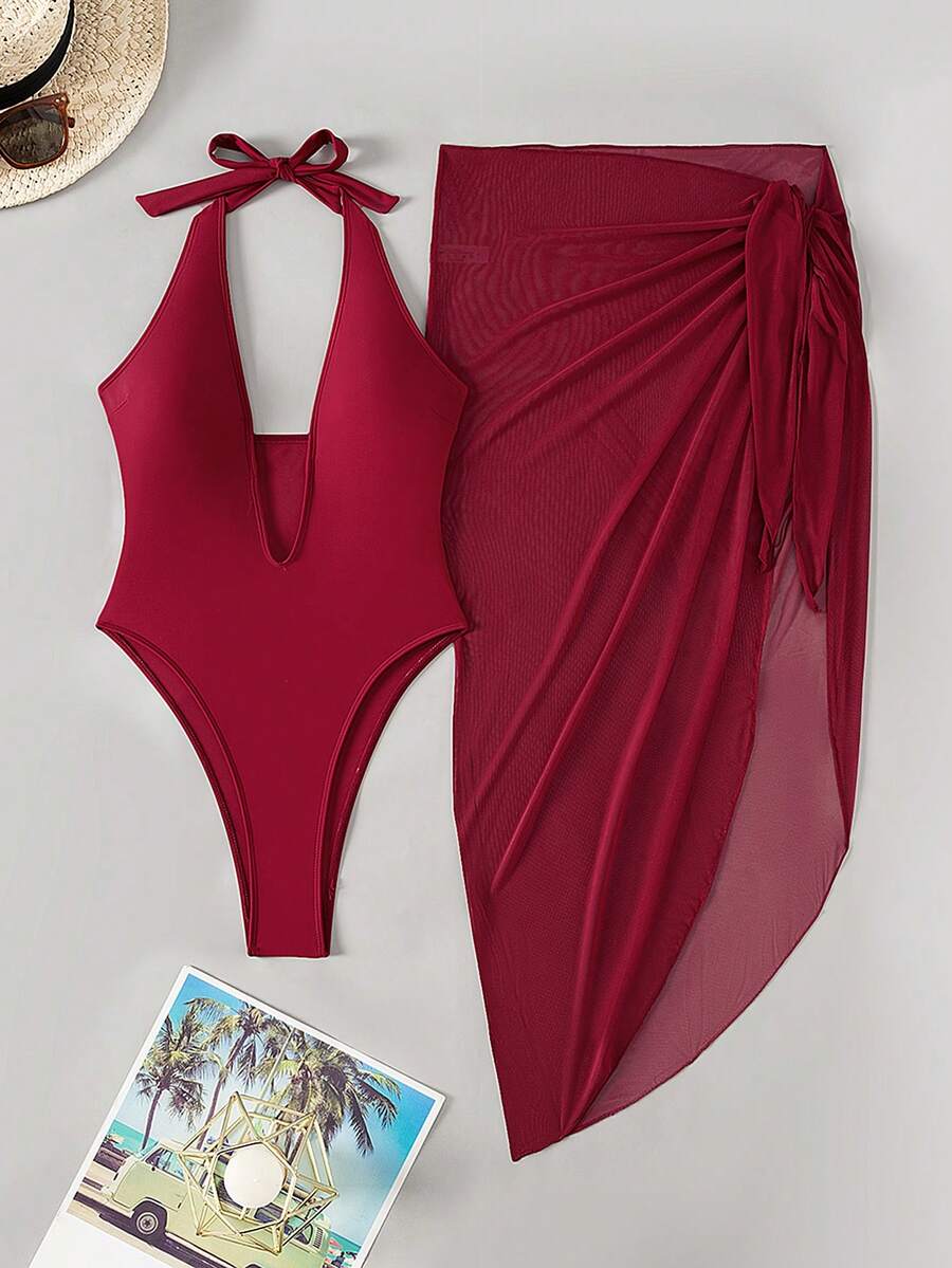 Glamine 2pcs Set Bikini Pantai Tanpa Punggung Model Halter Warna Merah Burgundy untuk Wanita, Musim Panas - Burgundy - View 1