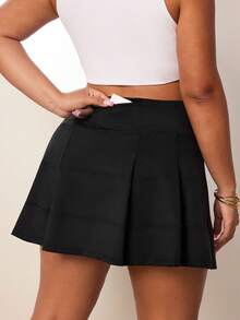 SHEIN Unity Plus Size Women's Solid Color High Waist Slimming Athletic Pocket Casual Skort - Black - View 2