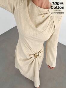 Siren Gaze 女款純色扭結設計前金屬扣飾喇叭袖長袖洋裝，女款婚禮賓客禮服，女款冬季洋裝 - 杏色 - 查看 7