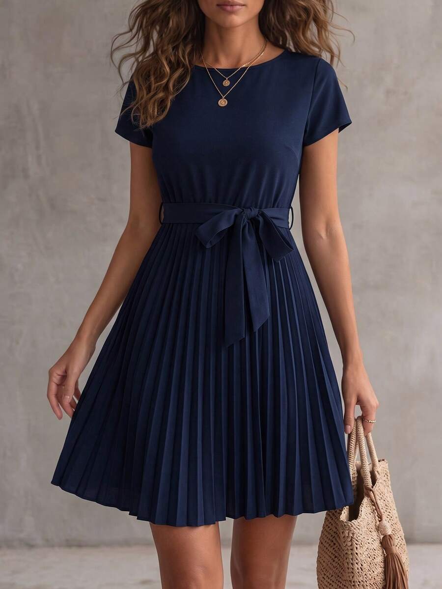 EMERY ROSE Pleated Hem Self Belted Dress - Navy Blue - View 1