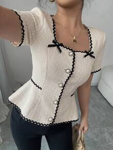 Elenzga Women Square Collar A-Line Bowknot Frill Short Sleeve Blouse, Spring/Summer - Apricot - View 7