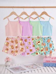 [Randomly Sent 1 Set]Tween Girls Pajamas Summer New Fashion Cute Cartoon Groundhog Print Knit Ruffle Trim Camisole Top With All-Over Print Shorts 2pcs Set 1Sets (Randomly Sent) - Multicolor - View 2