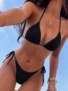 Swim Vcay 2026春夏纯色特殊面料女士泳装，吊带露背性感侧系带丁字比基尼两件式泳衣 - 黑色 - 查看 1