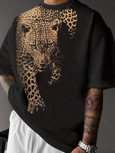 Manfinity Dauomo Heren T-shirt met luipaardprint, ronde hals, korte mouwen, casual, grote maten