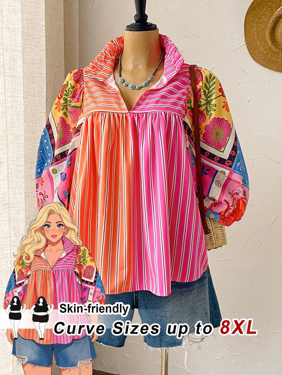 SHEIN CURVE+ 大尺碼度假條紋花卉印花休閒波西米亞風襯衫 粉色 2026秋冬 22W - 橘色 - 查看 1
