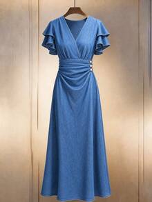 GlowEve Gaun Denim Lipit Wanita dengan Hiasan Kancing dan Kerah V Berkerut - Biru - View 2