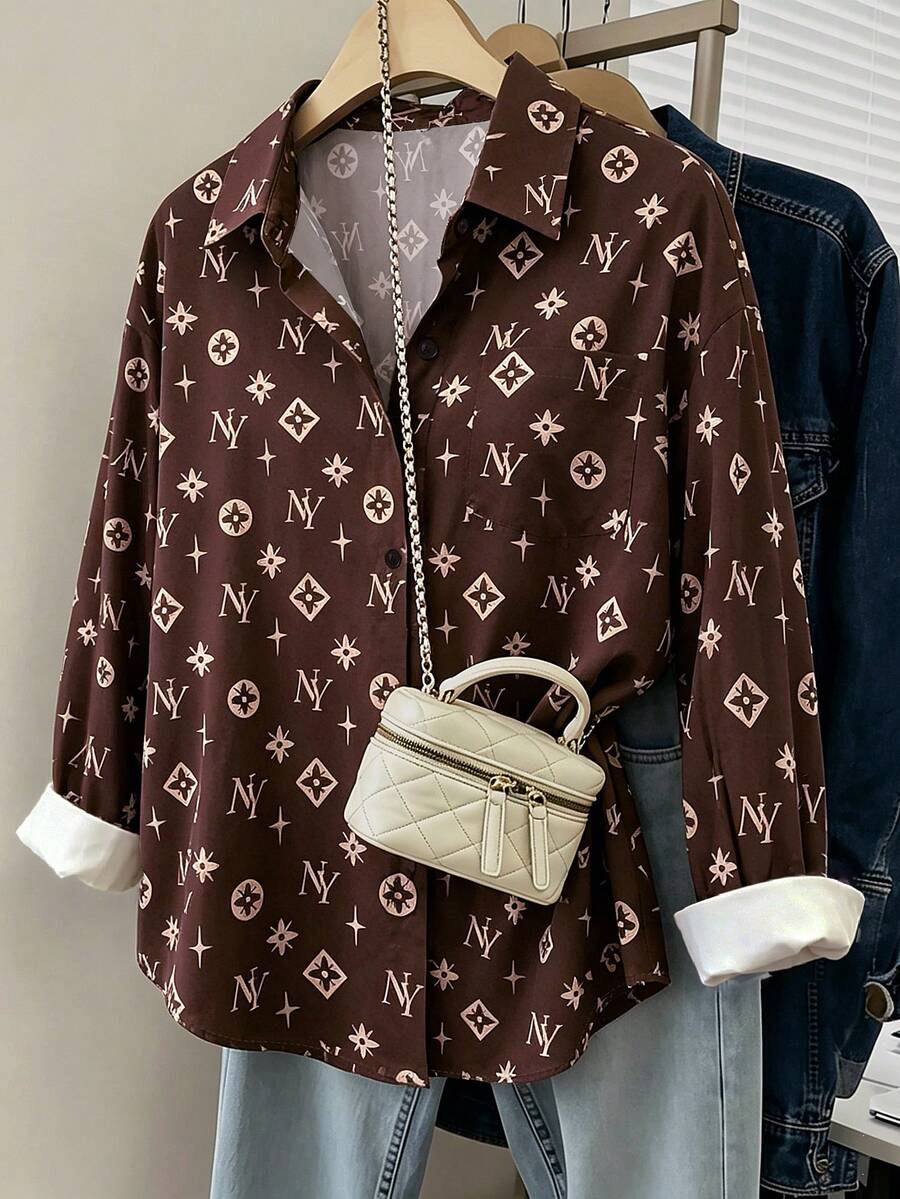 Franclia Women's Casual Loose Long Sleeve Shirt, Leopard Print, Minimalist Versatile For Autumn/Winter, Suitable For Daily Wear - Brown - View 1