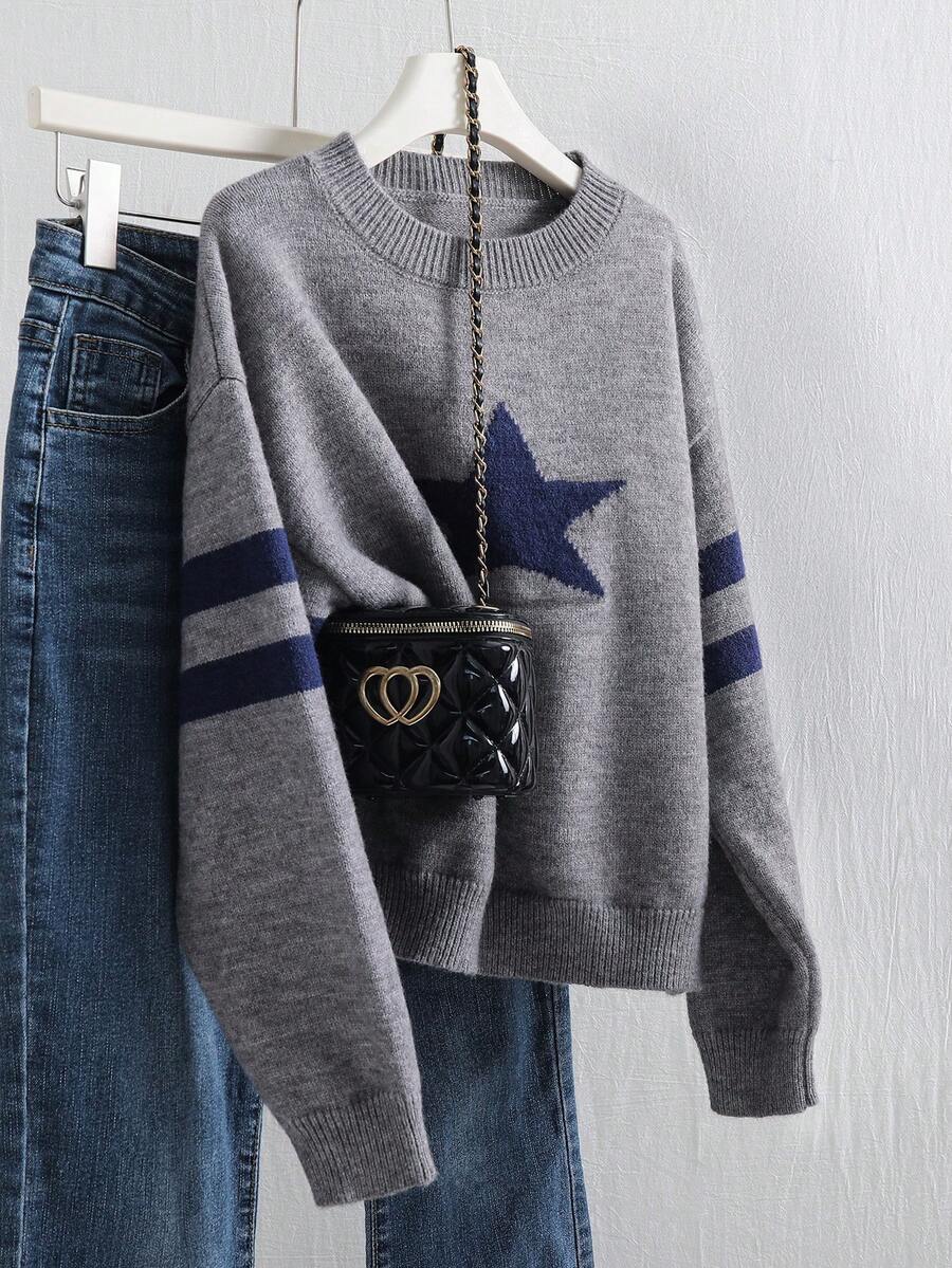 SHEIN Genkimix Kids 女童時尚休閒甜美五角星圖案套頭毛衣 - 深灰色 - 查看 1