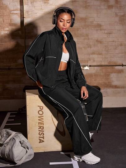 Powerista Women's Black Reflective Stripe Loose Woven Zipper Cardigan Jacket