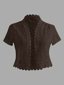 EMERY ROSE Ladies' Summer Solid Color Lace Patchwork Casual Open Front Jacket For Holiday Party Clothes - Coffee Brown - View 1
