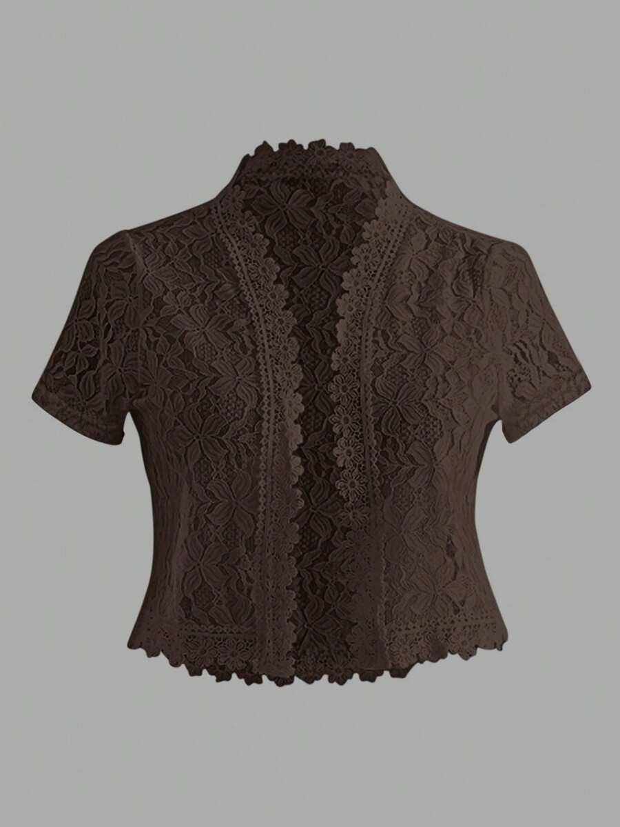 EMERY ROSE Ladies' Summer Solid Color Lace Patchwork Casual Open Front Jacket For Holiday Party Clothes - Coffee Brown - View 1