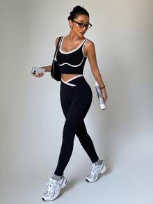 SHEIN Dewbera Conjunto deportivo de yoga sin costuras con bloques de color para mujer - Negro - Ver 4