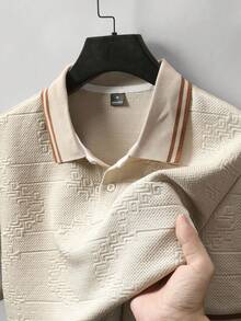 EGENSIO Men's Knitted Jacquard Solid Color Textured Collar & Cuffs Ribbed 2-Button Apricot Polo Shirt - Apricot - View 3