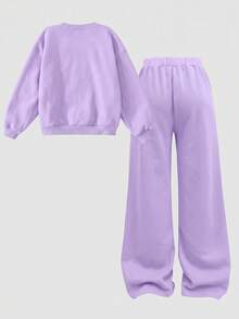 SHEIN Girlism 青少年女孩秋冬休閒保暖內裡加厚運動衫套裝，紐約市印花寬鬆圓領落肩長袖套頭運動衫搭配同款印花百褶寬腿直筒運動長褲，2件式運動風套裝，麻灰色 - 紫色 - 查看 2
