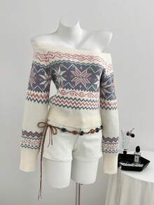 Elamini Autumn/Winter Casual Off-Shoulder Short Jacquard Sweater, Multiple Colors - Apricot - View 1