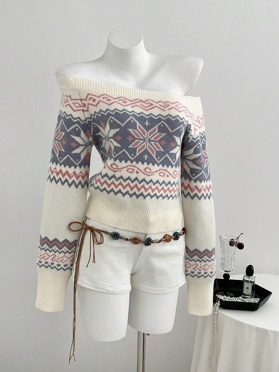 Elamini Autumn/Winter Casual Off-Shoulder Short Jacquard Sweater, Multiple Colors - Apricot - View 1