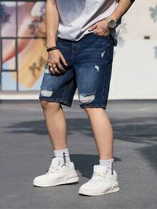 Manfinity Homme 男士破洞纯色牛仔短裤外出纯色深蓝色宽松牛仔短裤，适合丈夫、男朋友的礼物 - 藍色 - 查看 3