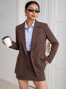 Aveloria Modichic Houndstooth Print Double Button Blazer & Skirt  - Brown - View 2