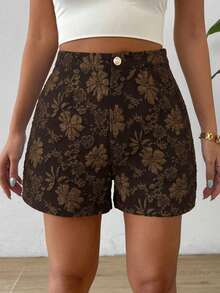 SHEIN Unity Celana Pendek Wanita Kancing Jacquard Kasual Serbaguna untuk Pemakaian Sehari-hari - Coffee Brown - View 3