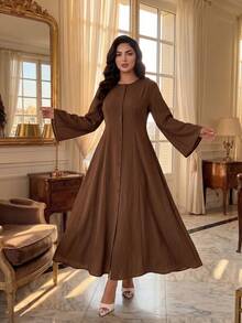 SHEIN Lady CURVE Plus Size Chocolate Brown Autumn Modest Tea Party Dress For Women,Elegant Bell Sleeve Button Front Flared Hem Retro Waist A-Line Casual Office Dress - Brown - View 3