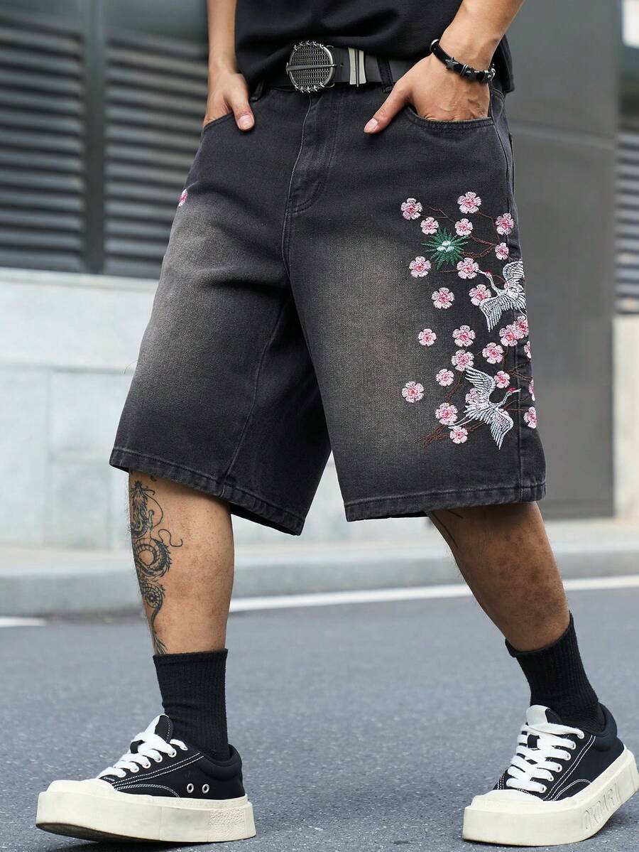 Manfinity EMRG 男士街頭風休閒刺繡深灰色牛仔短褲 - 深灰色 - 查看 1