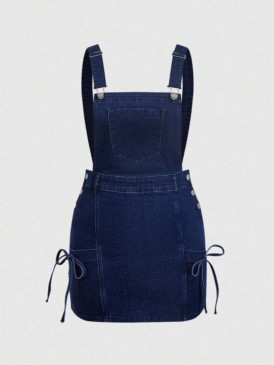 Sweetra Gaun Denim Pendek Kasual Serbaguna dengan Desain Ikat Pinggang untuk Wanita Ukuran Plus - Dark Wash - View 1
