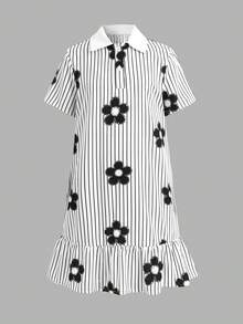 SHEIN 少女條紋與花卉印花荷葉邊下擺鬆身洋裝 - 黑與白 - 查看 2