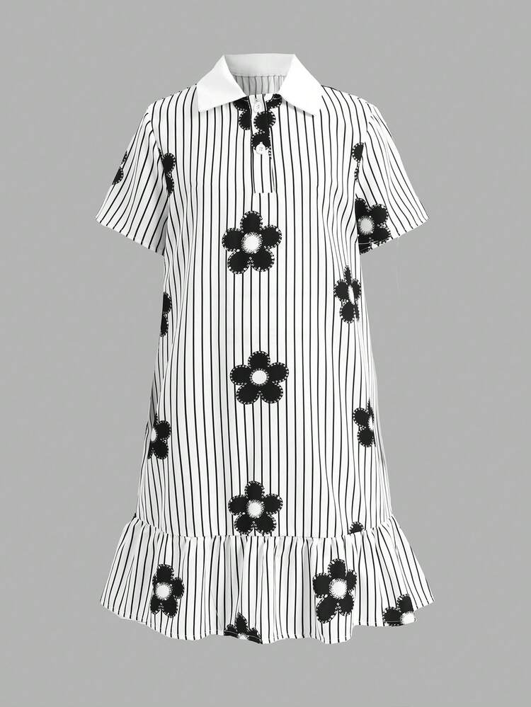 SHEIN Tween Girl Striped & Floral Print Ruffle Hem Smock Dress - Black and White - View 2
