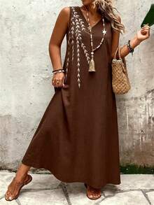 Linhara CURVE Plus Size Light Khaki Sleeveless V-Neck Willow Leaf Embroidered Loose Fit Dress - Coffee Brown - View 1