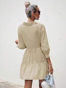 Frievida Striped Print Ruffle Hem Smock Dress Dresses For Women Elegant  - Mustard Yellow - View 2