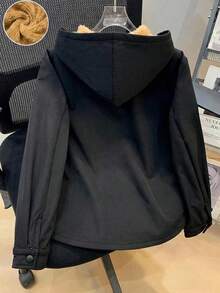 SHEIN 兒童青少年男孩休閒韓系可愛胸前卡片口袋複合抓絨內裡梭織夾克外套，春夏秋冬款 - 黑色 - 查看 2
