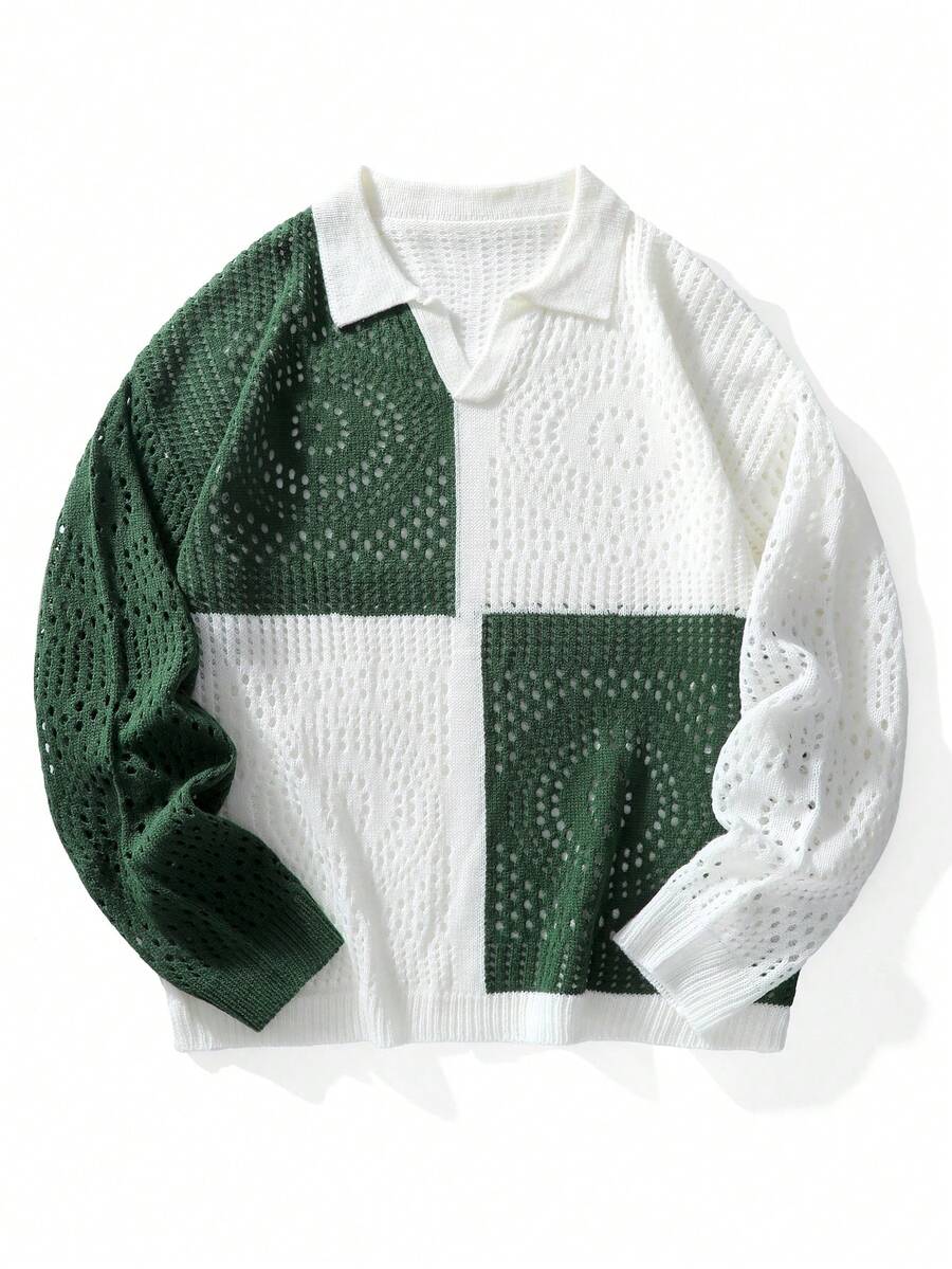 Chillumni Men's Colorblock Casual Daily Wear Long Sleeve Sweater - Dark Green - View 1