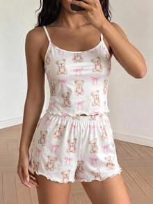 SHEIN 青少年女孩睡衣 夏季休閒簡約修身細肩帶上衣與短褲兩件組 - 卡其色 - 查看 7