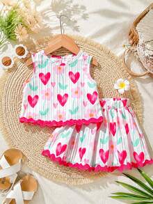 SHEIN Playful Pals 2件組女嬰春夏優雅風無袖刺繡上衣與裙子套裝 - 彩色 - 查看 3