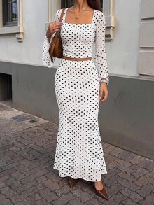 SHEIN 女款波點印花法式百褶方領上衣與魚尾裙兩件套（隨機印花剪裁） - 白色 - 查看 4