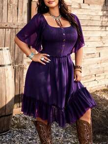 Ceyna Plus Size Spring/Summer Square Neck Cap Sleeve Short Dress Casual Boho Country Versatile Decorative Button Dress Concert Dark Purple - Purple - View 3